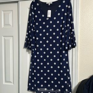 Blue and white dot dress with bell sleeves 3/4 length sleeves. New with tag.